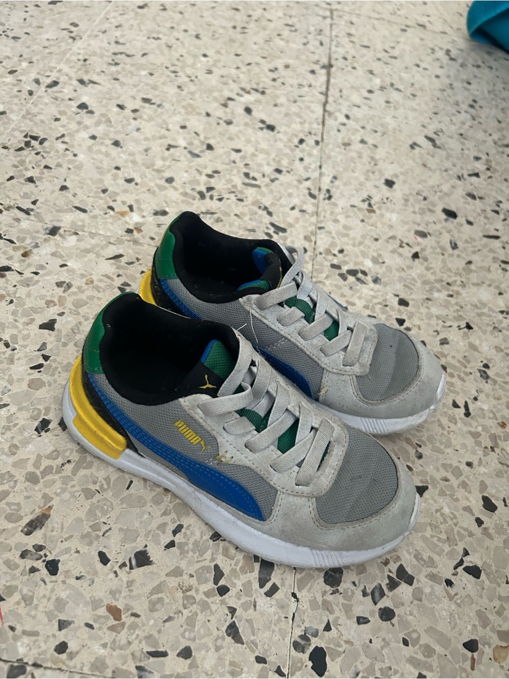 Puma Kids Gray Sneakers with Blue, Green & Yellow Accents